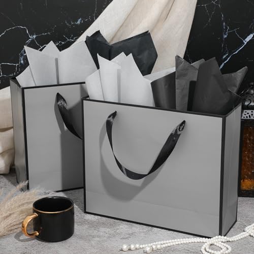 ReliThick 12 Pack Paper Gift Bag with Handles & Tissue, Gray, Black - color: Grey, Black