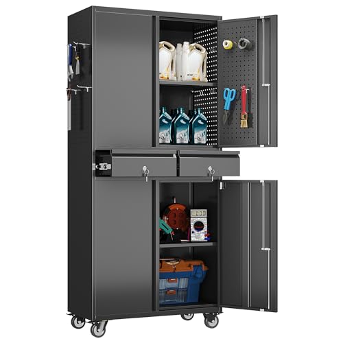 Aobabo 71" H Metal Garage Storage Cabinet with Wheels and 2 Drawers, Lockable Steel Tool Organizer with 4 Pegboards and 2 Adjustable Shelves, 30" W x 15" D, Black,Assembly Required - color: Black, size: 15"D x 30"W x 71"H-2 Drawers