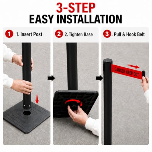 4-Pack Black Crowd Control Stanchions with 10FT Red Retractable "Danger Keep Out Belt", Heavy Duty Safety Barrier Posts for Construction, Warehouses & Events - color: Danger Keep Out Belt, size: Rectangular Base