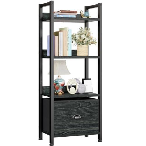 Furologee 4 Tier Bookshelf with Drawer, Small Narrow Bookcase, Black Oak - color: Black Oak, size: 4 Tier
