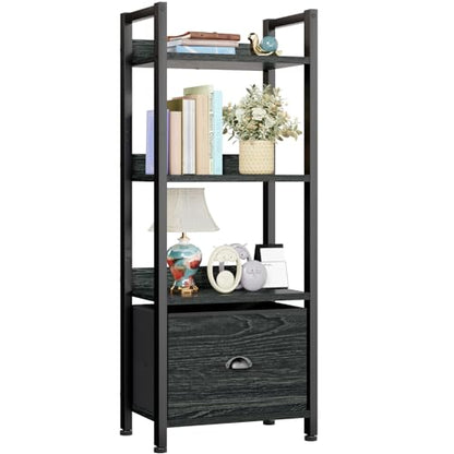 Furologee 4 Tier Bookshelf with Drawer, Small Narrow Bookcase, Black Oak - color: Black Oak, size: 4 Tier