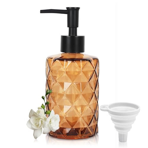 Brown Glass Soap Dispenser, 11 Oz/330ml Liquid Hand Soap Dispenser Set for Kitchen Sink and Bathroom, Dish Lotion Dispenser Set, Diamond Lotion Bottles with Black Pump&Funnel - color: Brown&black
