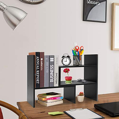 Hossejoy Desk Shelf, Adjustable Desktop Storage Organizer, Wood Display Shelf Rack, Office Supplies Desk Organizer, Black - color: Black
