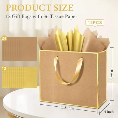 Addblu 12 Pack Brown Large Gift Bags with Handles & 36 Tissue Papers - color: Brown and Gold Trim, size: 1 Count (Pack of 12)