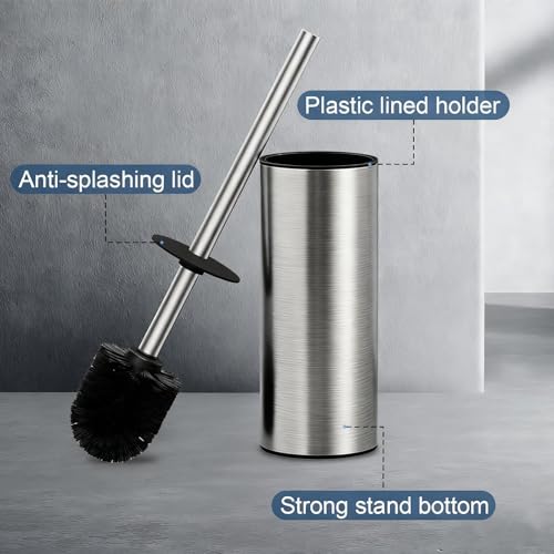 Toilet Brush and Holder Set, NEWRAIN Stainless Steel Toilet Brush with Long Brush Handle, Brushed Nickel Toilet Scrubber and Covered Holder, Round Design Sturdy and Space Saving, Covered Brush - color: Brushed Nickel