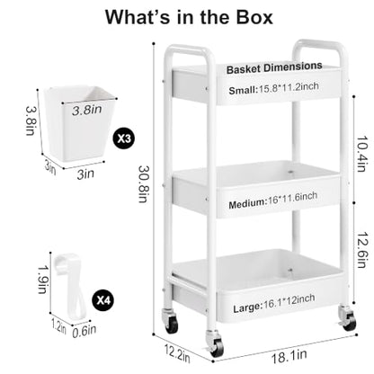 3 Tier Rolling Cart Metal with Wheels, White Three Tiered Carts on Wheels - color: Light White, size: 3 Tier + Cups + Hooks