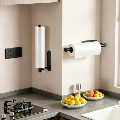 2‑Pack Paper Towel Holder Under Cabinet, Self Adhesive or Screw Mount - color: Black 2pc