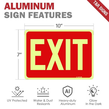 T&R Exit Sign - 2 Pack - 10 x 7 Inches Rust Free .040 Aluminum Glow-In-The-Dark - UV Protected, Waterproof, Weatherproof and Fade Resistant - 4 Pre-drilled Holes - color: Red - 10" x 7" - 2 pack - Glow-In-The-Dark