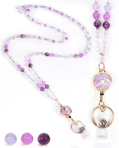 Teacher Lanyards for ID Badges and Keys, Flower Badge Reel, Natural Stone - color: Purple Amethyst