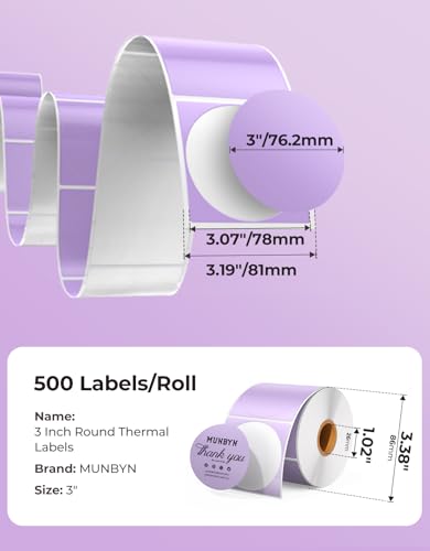 MUNBYN 3 Inch Purple Circle Thermal Labels for Business, 500 Sheets/1 Roll - color: Purple, size: 3inch