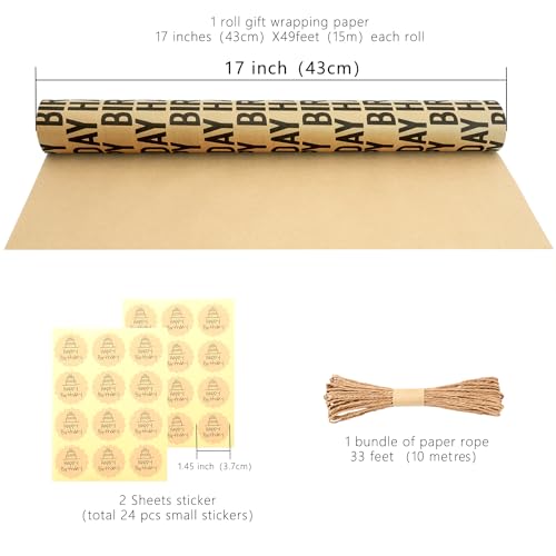 MAMUNU Birthday Wrapping Paper Roll, Black Kraft Happy Birthday Wrapping Paper Jumbo Roll, Brown and Black Kraft Gift Wrap Set for Boys Men Women Girls, 17x590 inch (70 sq. ft.) - color: Black