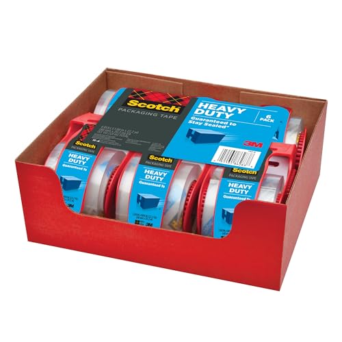 Scotch Heavy Duty Shipping Packaging Tape, Clear, Split-Resistant, 1.88 in x 27.7 yd per Roll (1000 inch), 6 Rolls, 6 Dispensers (6000 inches Total) – Box Tape - size: 6 Rolls