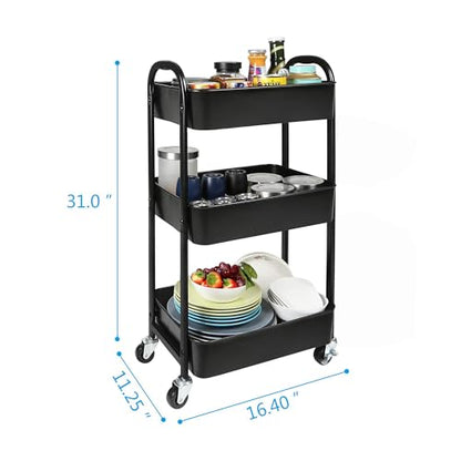 3-Tier Rolling Utility Cart with Caster Wheels Easy Assembly, Black - color: Black, size: 3-Tier Standard Cart