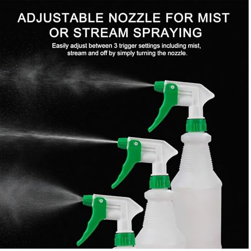 (3 Pack) Plastic Spray Bottle 32 Oz | All-Purpose HDPE Spraying Bottles Leak Proof Mist Empty Water Sprayer for Cleaning Solution, Oils, Hair, Planting, Pet with Adjustable Nozzle - White/Green