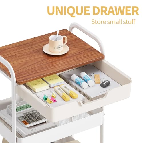 TOOLF 3 Tier Rolling Cart with Drawer, Metal Utility Storage Cart, White - color: White