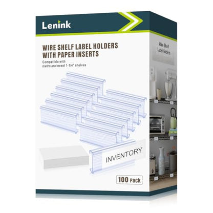 Lenink 100Pcs Wire Shelf Label Holders with 100Pcs Label Paper Inserts, Plastic Wire Rack Label Holder Compatible with Metro and Nexel 1-1/4in Shelves, Label Area 3in Lx1.25in H - color: Transparent, size: 3in (100 Pack)
