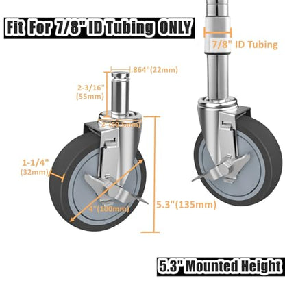 RILIDRI 4-Inch Caster for Wire Shelving Racks with Brakes(Grip Ring Stem-Fit for 7/8” ID Tubing), Set of 4 Metro Shelving Replacement Wheels(.864" x 2-3/16") - size: 4 Inch