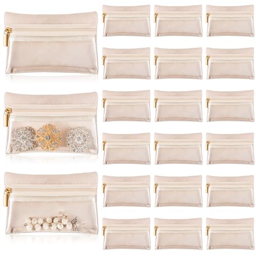 Uiifan Travel Jewelry Organizer Flannel Jewelry Bags Portable Jewelry Pouch with Zipper Pockets for Women Girl Gift - color: Beige and Clear