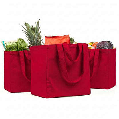 VeraMia Canvas Grocery Bag 3pc XL Set with Real Pockets, Long Shoulder Strap and Short Handle. Heavy Duty, Foldable, Washable - color: Cranberry