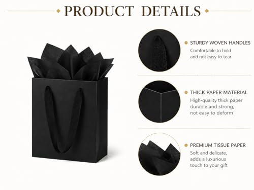 Treelement 22 Pack 4.7×2.3×6.3 Inch Small Black Gift Bags with Tissue Paper - color: Black