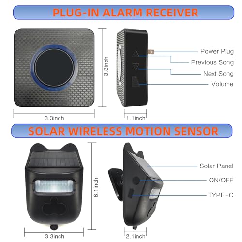 Solar Infrared Sensor Wireless Doorbell & Driveway Alarm – 1/2 Mile Range, 120° Detection, Weatherproof, Solar & USB-C Charging, for Home/Business Security 【Motion Sensor*2+ Alarm Receiver*1】