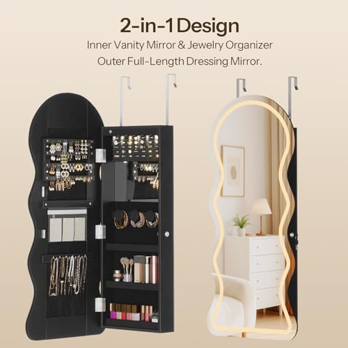 HOOBRO LED Mirror Jewelry Cabinet, Wall/Door Mounted Jewelry Organizer - color: Black