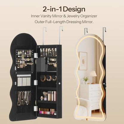 HOOBRO LED Mirror Jewelry Cabinet, Wall/Door Mounted Jewelry Organizer - color: Black