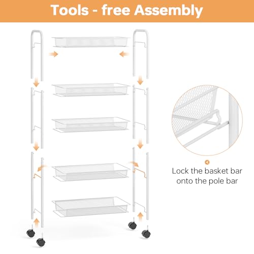 TOOLF 5 Tier Rolling Cart, Metal Utility Storage Cart with Wheels, White - color: White, size: 5-Tier