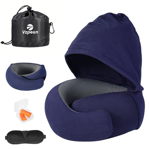 Travel Pillow - Hooded Neck Pillow Airplane Memory Foam Filling - color: Navy