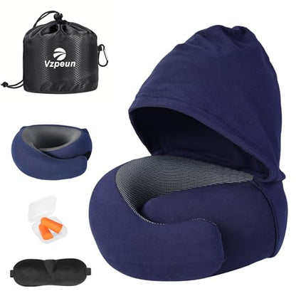 Travel Pillow - Hooded Neck Pillow Airplane Memory Foam Filling - color: Navy
