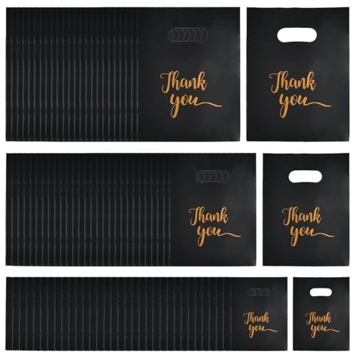 TIMESETL 300Pcs Thank You Bags for Small Business, Merchandise Bags 3 Sizes Shopping Bags with Handles Plastic Retail Shopping Bags Thank You Gift Bags Bulk Die Cut for Boutique, Gifts, Customers