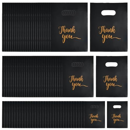 TIMESETL 300Pcs Thank You Bags for Small Business, Merchandise Bags 3 Sizes Shopping Bags with Handles Plastic Retail Shopping Bags Thank You Gift Bags Bulk Die Cut for Boutique, Gifts, Customers