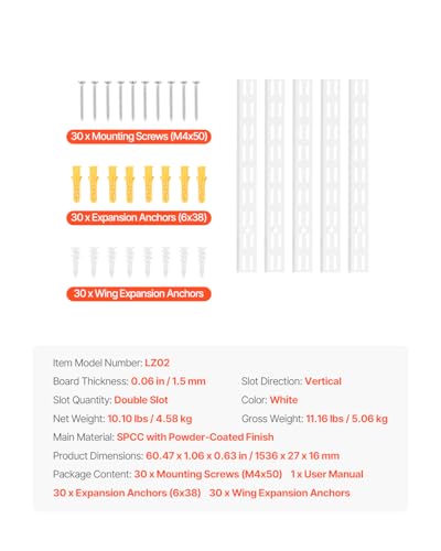 VEVOR Shelf Pilaster, 60-inch 5 Pack, Dual Track Upright Wall Shelving System, Heavy Duty Support System Twin Slot Shelf Rails, 25 Screws, Suitable for Cabinet Closet Organization Storage, Silver - style: 60-inch