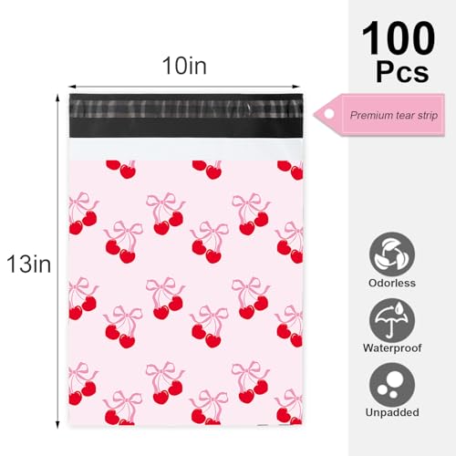 Whaline 100Pcs Cherry Poly Mailer 10 x 13 Inch Pink Bow Fruit Mailing Bag Valentine Cute Self-Sealing Plastic Packaging Envelope Bag for Small Business - style: Bow Cherry