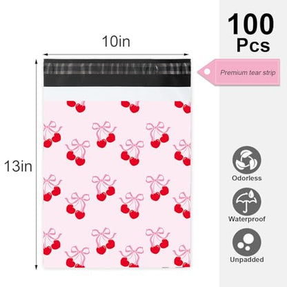 Whaline 100Pcs Cherry Poly Mailer 10 x 13 Inch Pink Bow Fruit Mailing Bag Valentine Cute Self-Sealing Plastic Packaging Envelope Bag for Small Business - style: Bow Cherry