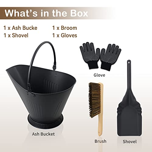 Poofzy Ash Bucket for Fireplace, 3.2 Gallon Metal Fireplace Ash Bucket for Wood Stove, Includes Shovel, Broom and Gloves Indoor & Outdoor - size: 3.2 Gallon (Black)