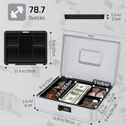 Flexzion Metal Cash Box with Combination Lock - 5-Compartment Petty Cash Box with Money Tray and Lock for Small Business - Removable Money Tray for Bills, Checks & Coins, 11.8"x 9.4"x 3.5", Gray - color: Gray