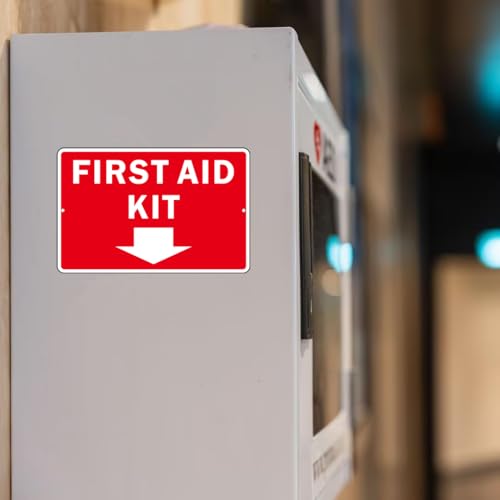 First Aid Sign, (2 Pack) Self Adhesive First Aid Kit Sign for Wall, Aluminum Metal Signs With 2 Pre-drilled Holes (9 x 6 inches, Red/White) - color: Red /White