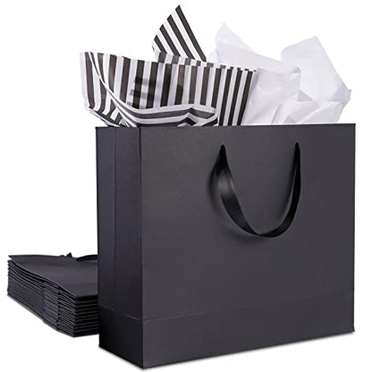 12 Pack Black Gift Bags with Ribbon Handles, Large Gift Bags with Tissue Paper, Black Kraft Paper Gift Bags for Shopping, Small Business, Wedding, Christmas and Holiday (12.5” x4.5” x11”) - color: black-12-lager