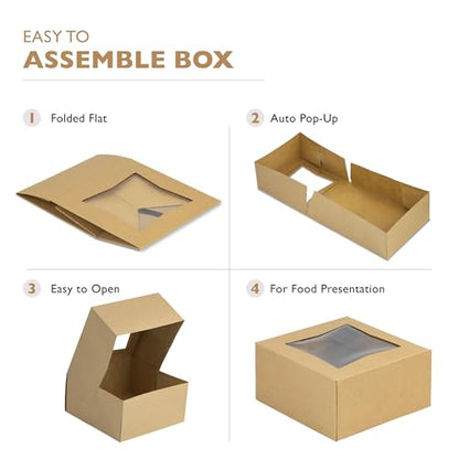 Fit Meal Prep 25 Pack Bakery Boxes with Window 6x6x3 Kraft Cake Box Cardboard Bakery Packaging for Cupcake, Cookies and Pastry, Auto-Popup Treat Box Charcuterie Box for Valentine's Day, Christmas - color: Brown
