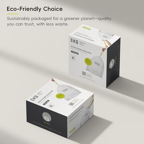 EKO 9.3 Gallon / 30–35 Liter Drawstring Trash Bags, 110 Count Heavy-Duty Tall Kitchen Garbage Can Liners, Extra-Strong Leak-Resistant, Unscented, White, Code K - size: 110 Count (Pack of 1), style: 9.3 Gallon Bags/Code K