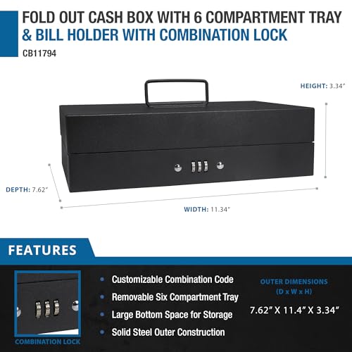 BARSKA 12-Inch Cash Box and 6 Compartment Tray with 4 Bill Holder , Black, Medium - size: 12 Inch, style: Combo Lock Bill Holder