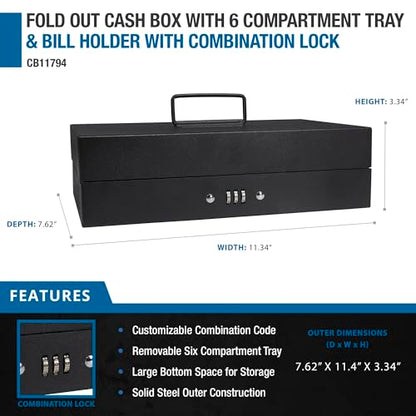 BARSKA 12-Inch Cash Box and 6 Compartment Tray with 4 Bill Holder , Black, Medium - size: 12 Inch, style: Combo Lock Bill Holder