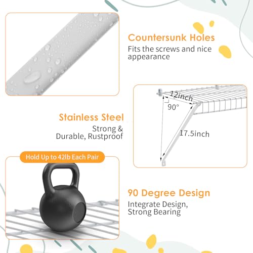 6 Pack Wire Shelf Brackets, Support Brackets for 12 Inch Shelving with Anchors and Screws, Closet Shelving Accessories for Wall Installation White