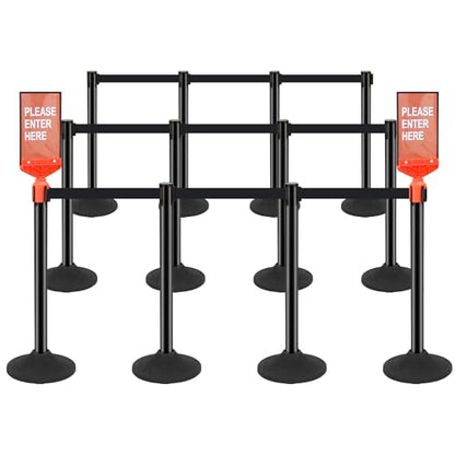 ECOSlGNS 12 Pack Crowd Control Stanchions with Retractable Belts - Commercial Black Stanchions with Heavy Duty Base & Sign Holders for Queue Management - color: Black- 12 Packs