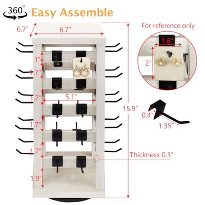 Ikee Design 5 Tiers Wood Rotating Jewelry Earring Display 42 Hooks - color: 4 side, Wash White, 42 hooks