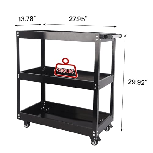 3-Tier Utility Cart, 330 Lbs Load Capacity, Heavy Duty Rolling Tool Cart with Wheels, Black Steel Service Cart for Workshop and Garage Storage
