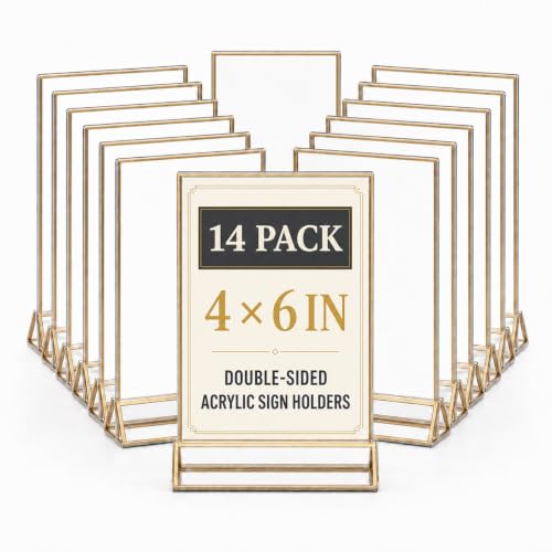 14 Pack Acrylic Sign Holder 4x6 Gold Frames, Wedding Table Number Holders Double Sided Vertical Clear Display Stand, Picture Holders for Tables, Menus, Flyers, Party and Office Decor