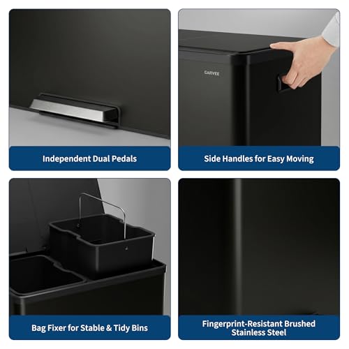 10.5 Gal Dual Compartment Stainless Steel Kitchen Trash Can with Lid, 20L+20L Recycling Garbage Bin, Soft Close Foot Pedal Trash Bin with 2 Removable Inner Buckets, Fingerprint Resistant for Home Offi - color: Black, size: 2x5.25Gal