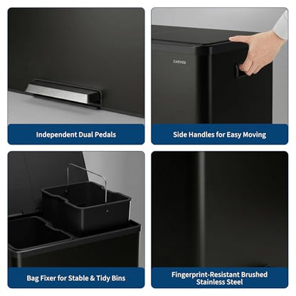 10.5 Gal Dual Compartment Stainless Steel Kitchen Trash Can with Lid, 20L+20L Recycling Garbage Bin, Soft Close Foot Pedal Trash Bin with 2 Removable Inner Buckets, Fingerprint Resistant for Home Offi - color: Black, size: 2x5.25Gal